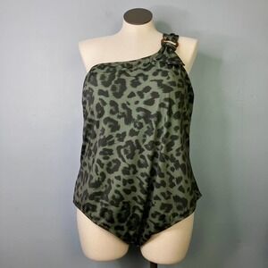 EVRI Green Black Leopard One Shoulder One Piece Swimsuit Women's Plus Size 3X